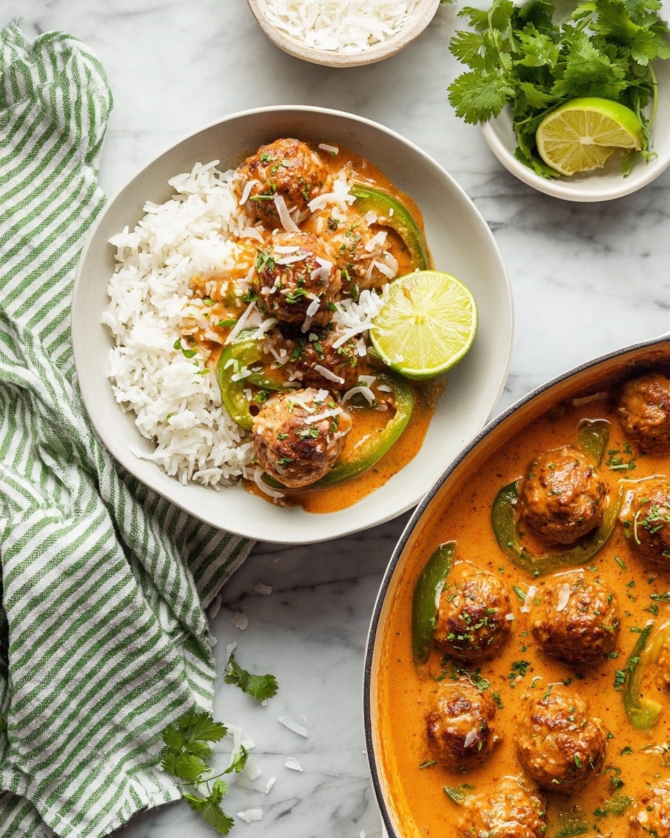 A white bowl contains a base layer of fluffy white rice, topped with round brown meatballs and slices of green bell pepper mixed with orange sauce, garnished with green herbs and sprinkled with white shredded coconut. Next to the bowl, a white pan holds more meatballs in the creamy orange sauce with visible onions and green bell pepper slices. A green lime wedge rests on the rice in the bowl. In the background, fresh cilantro, a whole lime, and a small white bowl with shredded coconut add detail on a white marbled surface. A green and white striped cloth is placed near the bowl. Photo taken with an iphone --ar 4:5 --v 7
