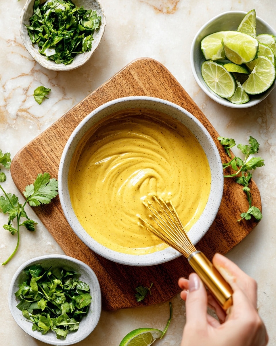 A white bowl filled with a smooth, thick mustard-yellow sauce is placed on a small wooden board. A woman's hand is stirring the sauce with a small gold whisk, creating gentle swirls on the surface. Around the bowl, there are small white bowls with fresh green herbs and lime wedges, and loose green herb leaves scattered on a white marbled surface beneath. The overall setup looks fresh and clean with vibrant green and yellow colors contrasting softly with the wooden board and marble. photo taken with an iphone --ar 4:5 --v 7