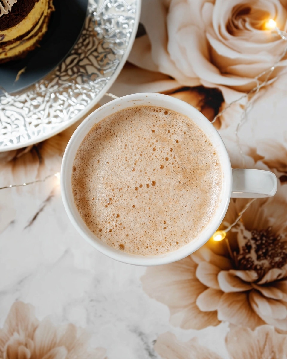 A white cup filled with light brown coffee topped with a thick, bubbly foam layer sits on a white marbled surface with a pattern of large beige and brown flowers. There is a soft golden string light wrapped loosely around the cup's handle, adding a warm glow to the scene. Part of a white plate with a metallic patterned rim is visible near the top left corner, holding what looks like a layered dessert with dark brown and yellowish layers. The photo captures the cup from a top-down view, focusing on the smooth and foamy coffee surface. Photo taken with an iphone --ar 4:5 --v 7
