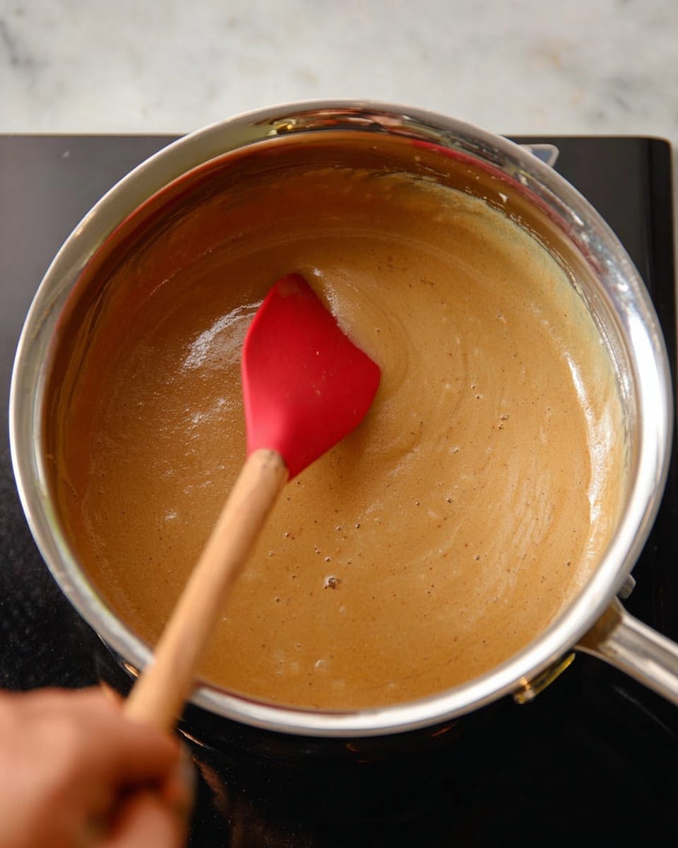 A close-up view of a shiny silver pot with a smooth, thick light brown sauce inside. The sauce has a creamy texture with small specks mixed throughout, being stirred by a red silicone spatula with a wooden handle held by a woman's hand. The pot is placed on a black stovetop, and the background shows a white marbled surface with a slight reflection on the pot’s exterior. photo taken with an iphone --ar 4:5 --v 7