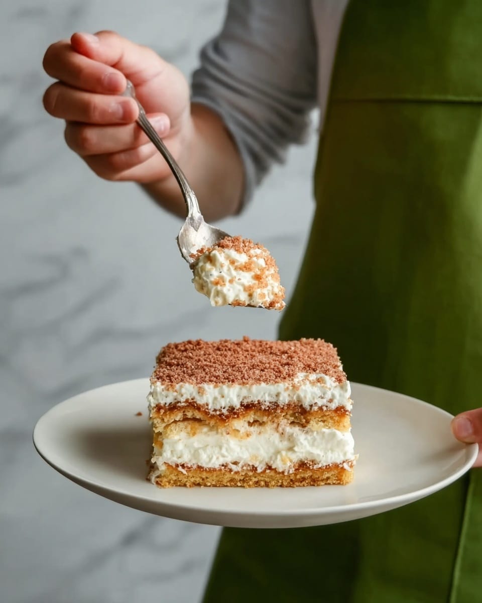 A person wearing a green apron holds a white plate with a large square piece of layered cake. The cake has three layers of light brown sponge cake separated by two thick layers of white cream. The top layer of cream is sprinkled with fine brown crumbs. The person's woman's hand is holding a spoon with a bite of the cake lifted above the plate. The background is a white marbled surface. photo taken with an iphone --ar 4:5 --v 7