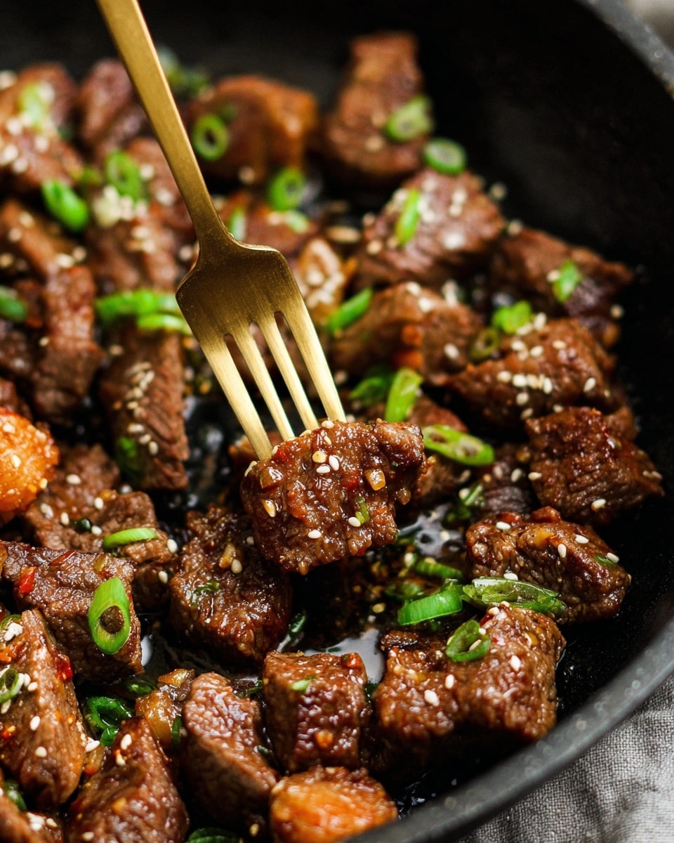 The image shows a close-up of many small pieces of cooked beef in a black pan. The beef pieces are brown with a bit of a shiny surface showing they are juicy and cooked well. On top of the beef pieces, there are small light brown sesame seeds and green slices of spring onions scattered around. A golden fork is holding one piece of beef in the center, with the tines slightly inserted into it. The background shows the black pan with a little oil reflecting light, making the dish look fresh and tasty. photo taken with an iphone --ar 4:5 --v 7