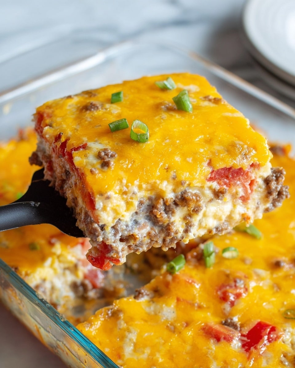 A square piece of casserole is lifted by a black spatula. The casserole has three visible layers: the top layer is a smooth, melted bright yellow cheese with some browned spots and small green onion slices sprinkled on top; the middle layer is a mixture of creamy white cheese and cooked ground meat with chunks of red tomato showing through; the bottom layer is a thicker base of the same melted cheese covering more ground meat and tomatoes. The dish sits in a clear glass baking dish on a white marbled surface. Photo taken with an iphone --ar 4:5 --v 7