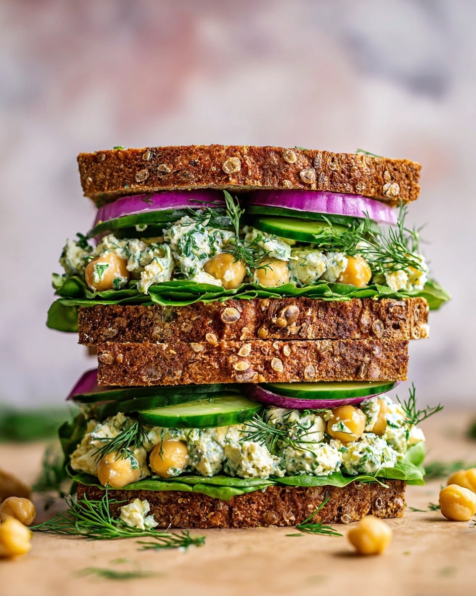 A thick sandwich with three layers of toasted brown whole grain bread shows layers of fresh green lettuce leaves at the bottom of each filling. The filling contains chickpeas mixed with small green pieces and white creamy spread with herbs. Above the filling are slices of round cucumber with dark green skin and bright green inside, topped with rings of purple-red onion. Fresh green dill sprigs peek through between the layers. The sandwich sits on a light brown surface with some scattered chickpeas and green herb leaves, with a soft blurred white marbled background. Photo taken with an iphone --ar 4:5 --v 7