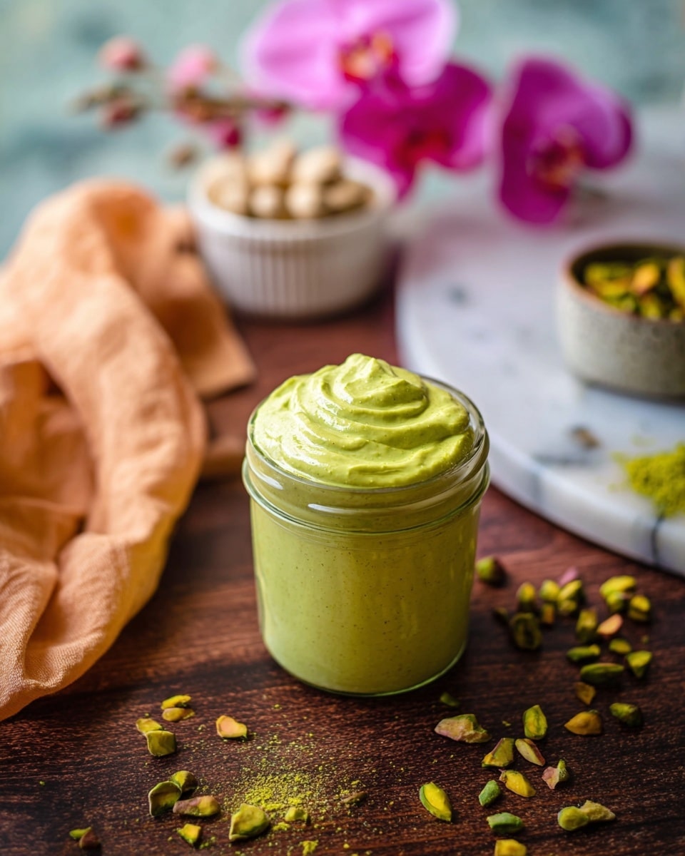 The image shows a small clear glass jar filled to the top with bright green creamy pistachio spread, with smooth swirled texture on the surface. The jar is placed on a dark wooden table scattered with small chopped pistachios. In the background, a small white bowl of pistachios sits on a crumpled light orange cloth, and a pink orchid flower hangs softly blurred above. The whole scene rests on a white marbled textured surface. Photo taken with an iphone --ar 4:5 --v 7