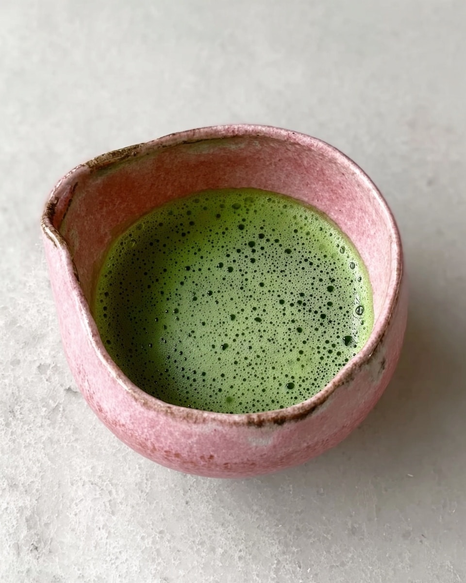 A pink ceramic small bowl with a slightly spouted edge holds a frothy bright green liquid. The green layer fills the bowl evenly, showing small bubbles and foam on the surface. The bowl sits on a white marbled surface that has soft gray veins running through it. photo taken with an iphone --ar 4:5 --v 7