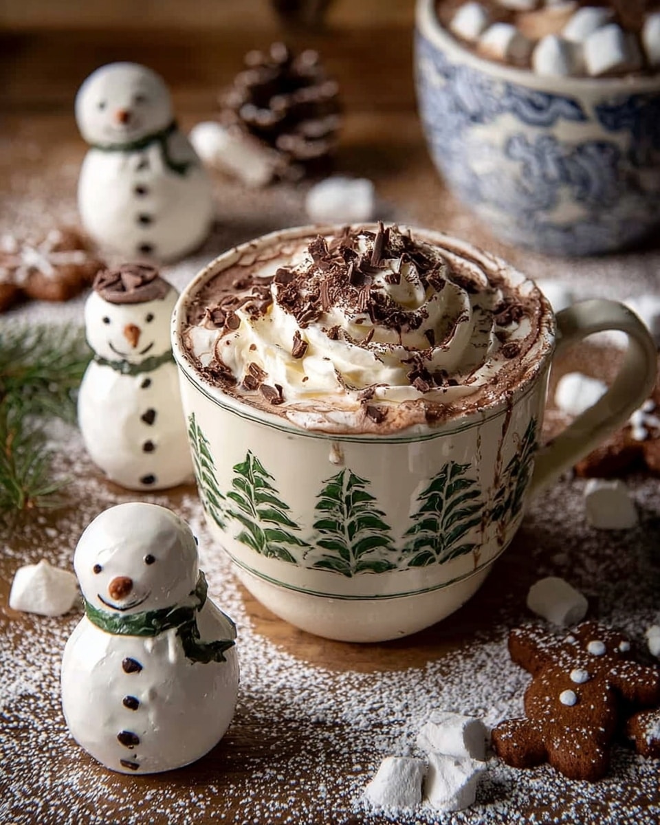 A large white cup with green and brown Christmas tree and leaf patterns holds a drink topped with a thick layer of whipped cream, sprinkled with chocolate shavings and cocoa powder. Around the cup, there is powdered sugar dusted to look like snow on a wooden surface, with gingerbread cookies and small white meringue sweets scattered nearby. Two small marshmallow snowmen with drawn faces, sugar hats, and sprigs of pine sit close to the cup, one of them supported by a woman's hand. Photo taken with an iphone --ar 4:5 --v 7