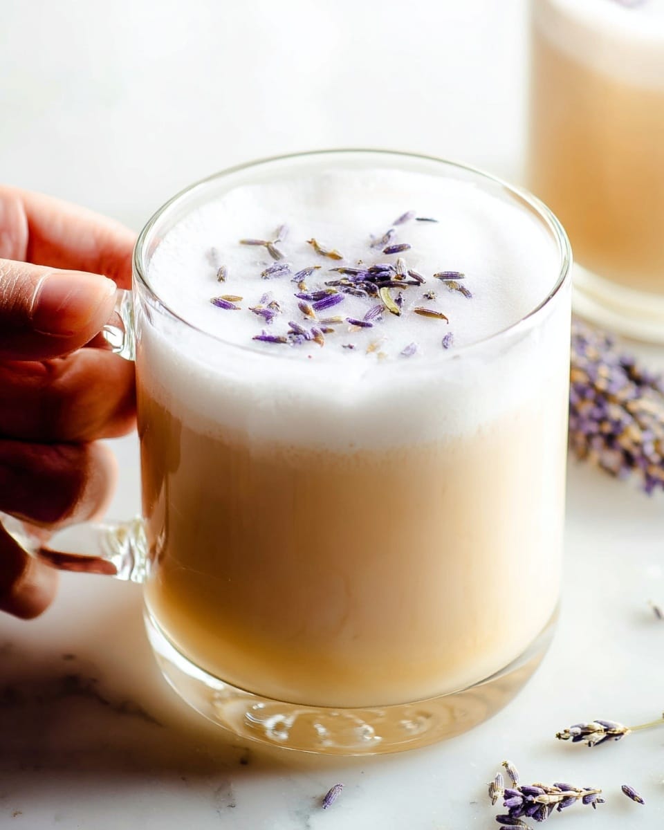 A clear glass mug filled with a creamy light beige drink topped with a thick white foam layer, sprinkled with small purple lavender buds. The mug is held by woman's hand on the left side, resting on a white marbled surface with a few scattered lavender buds nearby. The background is bright and softly blurred, highlighting the drink's smooth and frothy texture. Photo taken with an iphone --ar 4:5 --v 7