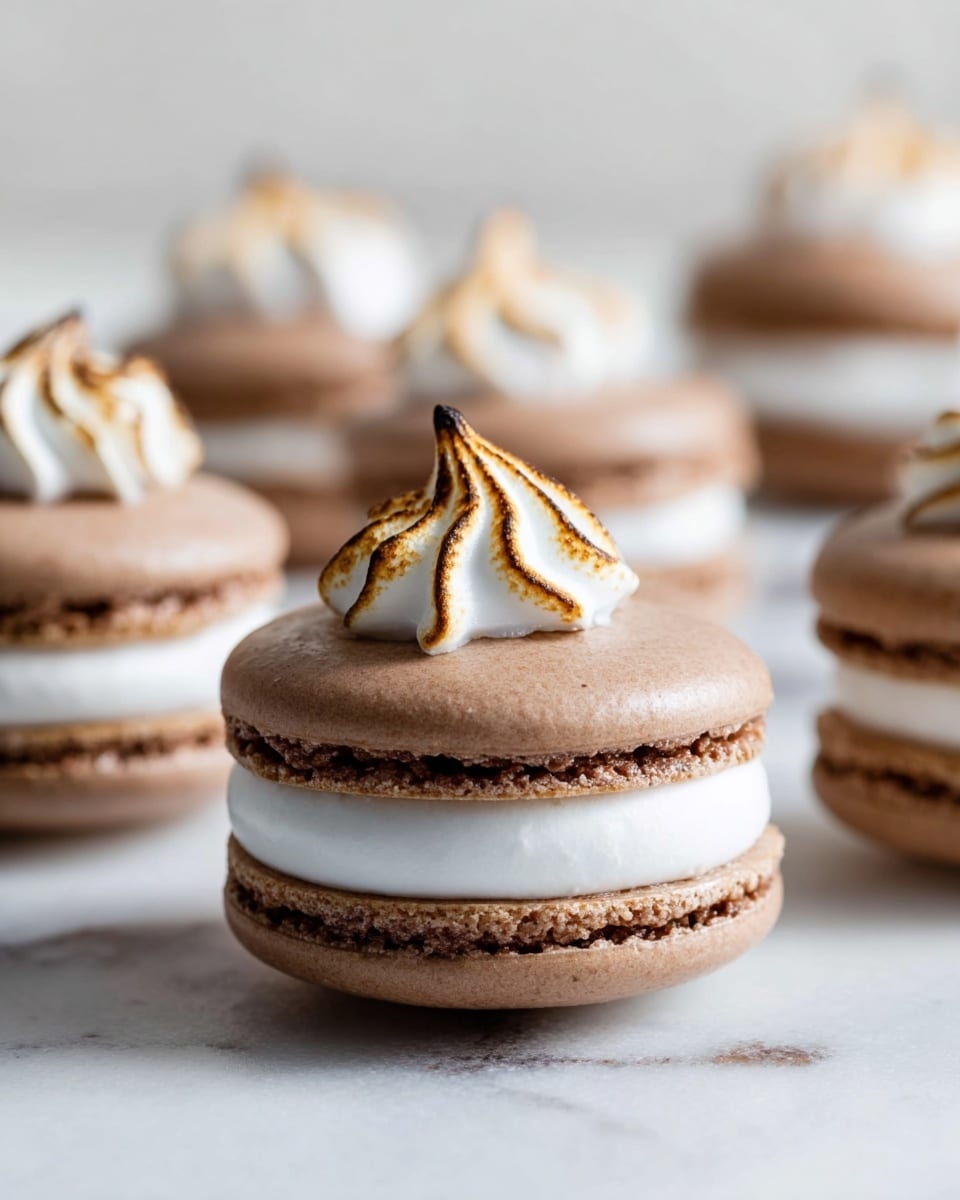 The image shows close-up chocolate macarons with three layers: two round, light brown macaron shells with a smooth yet slightly textured surface on the top and bottom, a thick white cream layer in between that looks soft and fluffy, and a small swirl of toasted white meringue on top of each macaron, with golden brown tips adding a slightly crispy texture. The macarons are placed on a white marbled surface, creating a clean and bright background. The focus is on the front macarons, with the background macarons softly blurred. photo taken with an iphone --ar 4:5 --v 7