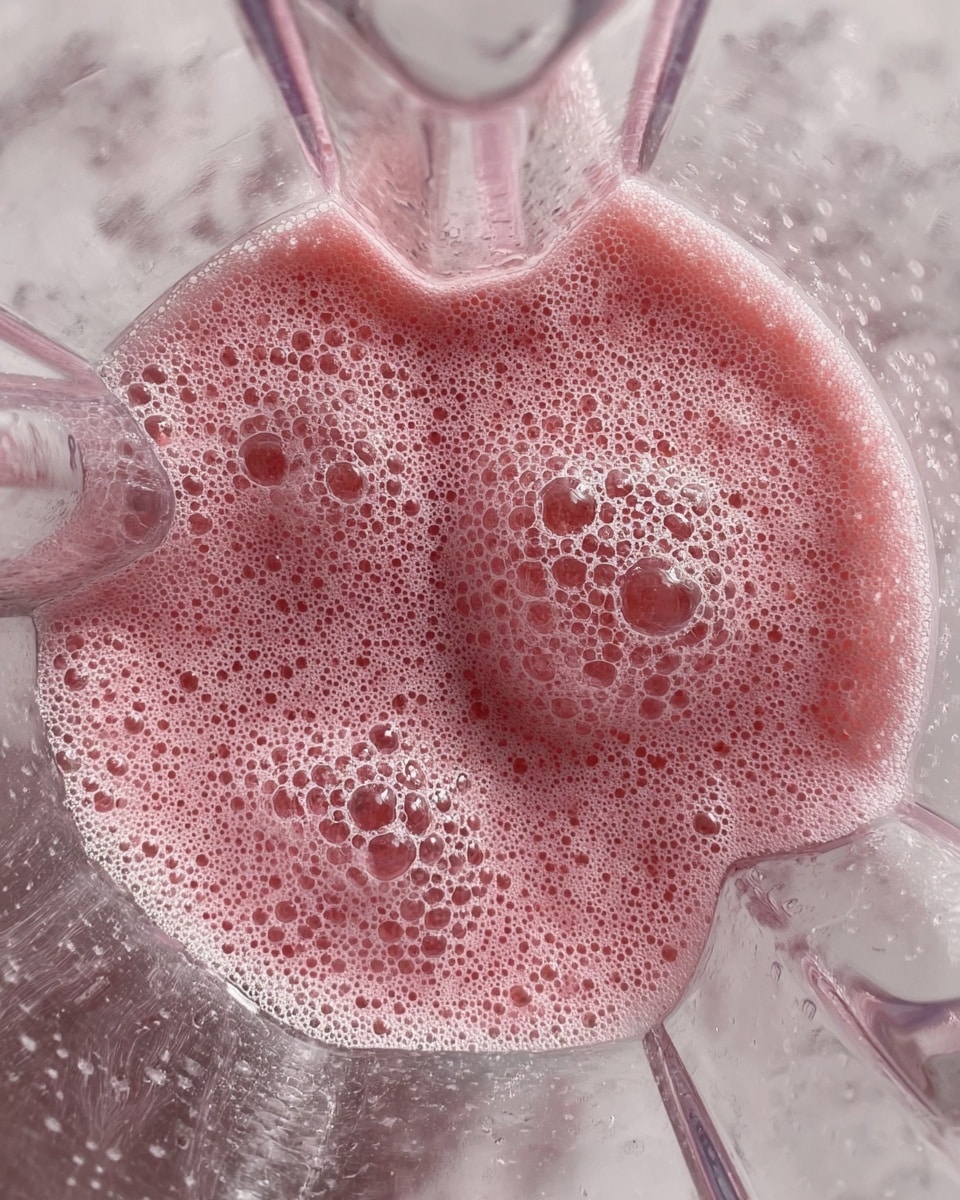 The image shows the inside of a clear blender jar filled with a foamy pink mixture. The mixture has many bubbles of different sizes, creating a light and airy texture visible across the whole surface. The blender jar is transparent with smooth, straight walls that catch some light reflections. The background and surface below are replaced with a white marbled texture. photo taken with an iphone --ar 4:5 --v 7