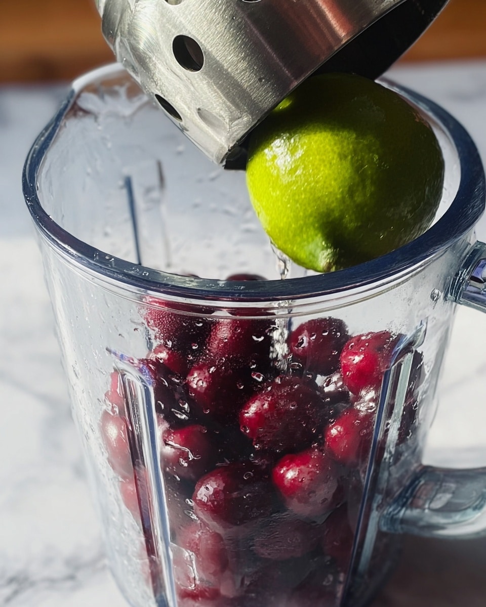 A clear transparent blender container filled with dark red cherries at the bottom, appearing wet with water droplets inside. Above the blender, a metallic lime squeezer is held pressing down on a green lime, positioned to squeeze juice into the blender. The background shows a white marbled surface with soft natural light shining on the blender and squeezer, highlighting the shiny texture of the metal and the wet cherries inside. photo taken with an iphone --ar 4:5 --v 7