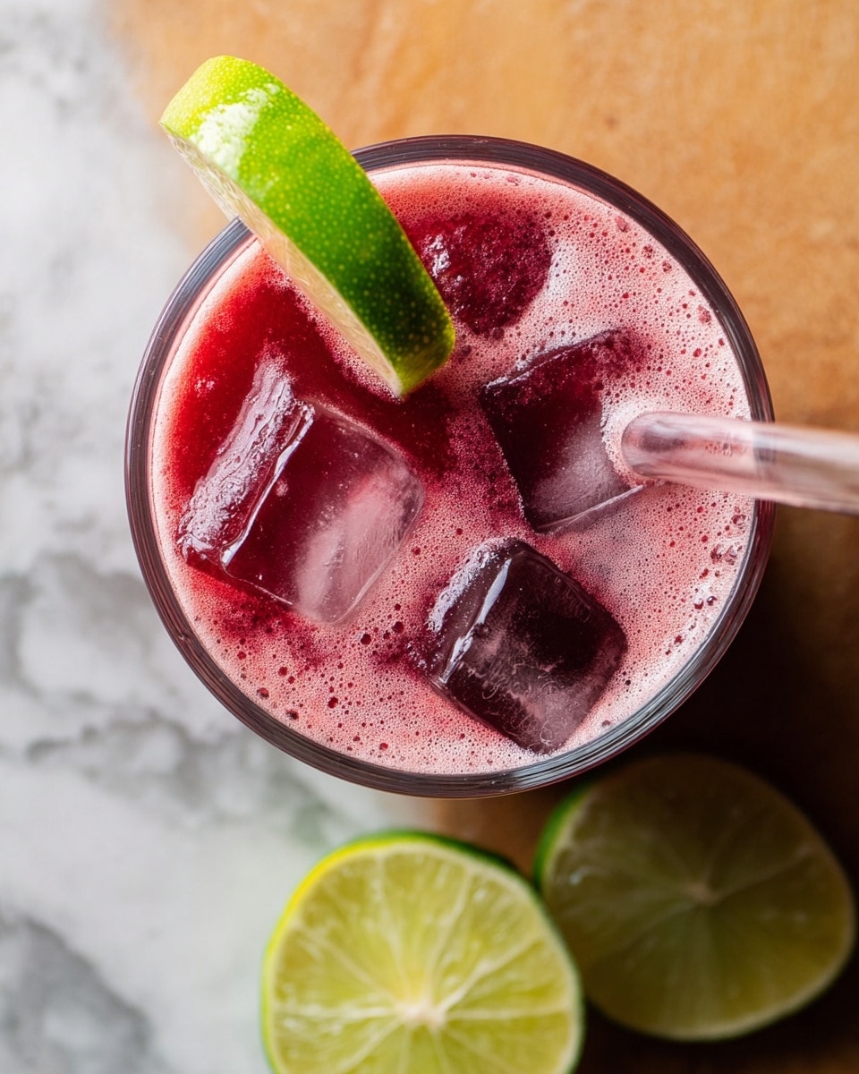 A close-up top view of a dark red drink in a clear round glass with a thick foam layer on top. Three ice cubes float at the top, adding texture and light reflections. A thin green lime wedge is on the left rim of the glass, and a clear straw is inserted from the right side. Two lime slices rest on the white marbled surface beneath the glass. The photo taken with an iphone --ar 4:5 --v 7