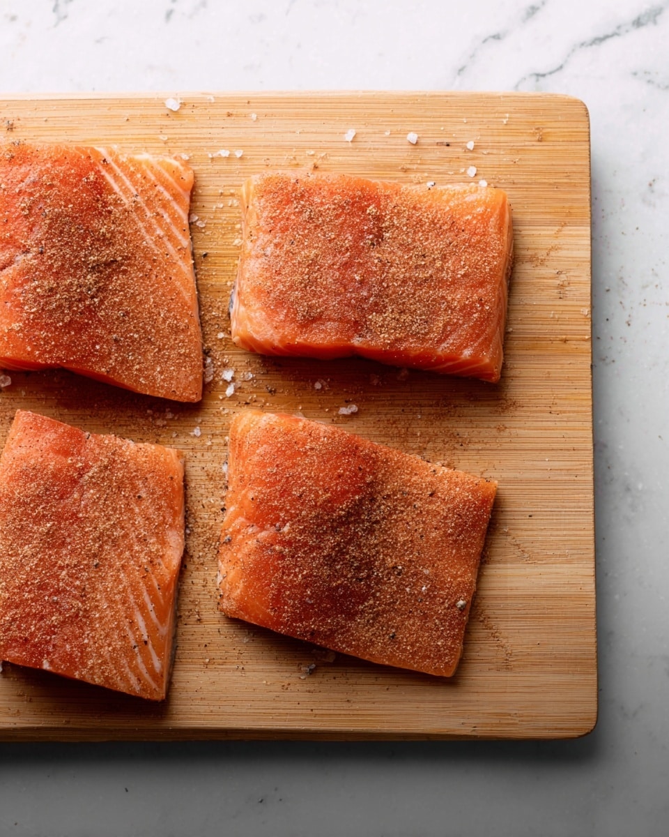 Four pieces of raw salmon fillets are placed on a wooden cutting board. Each fillet has a bright orange color and is sprinkled evenly with a dry spice mix that adds texture and a brownish-red hue on top. The cutting board is rectangular and light brown with visible wood grain, set on a white marbled surface. The fillets vary slightly in shape and size but all show clear lines and marbling typical of fresh salmon. Photo taken with an iphone --ar 4:5 --v 7