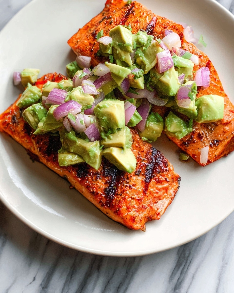 A white plate holds two pieces of grilled salmon with a rich orange color and black grill marks. On top of the salmon, there is a chunky topping made of green avocado pieces mixed with small cubes of light purple-red onion. The plate is placed on a white marbled surface. photo taken with an iphone --ar 4:5 --v 7