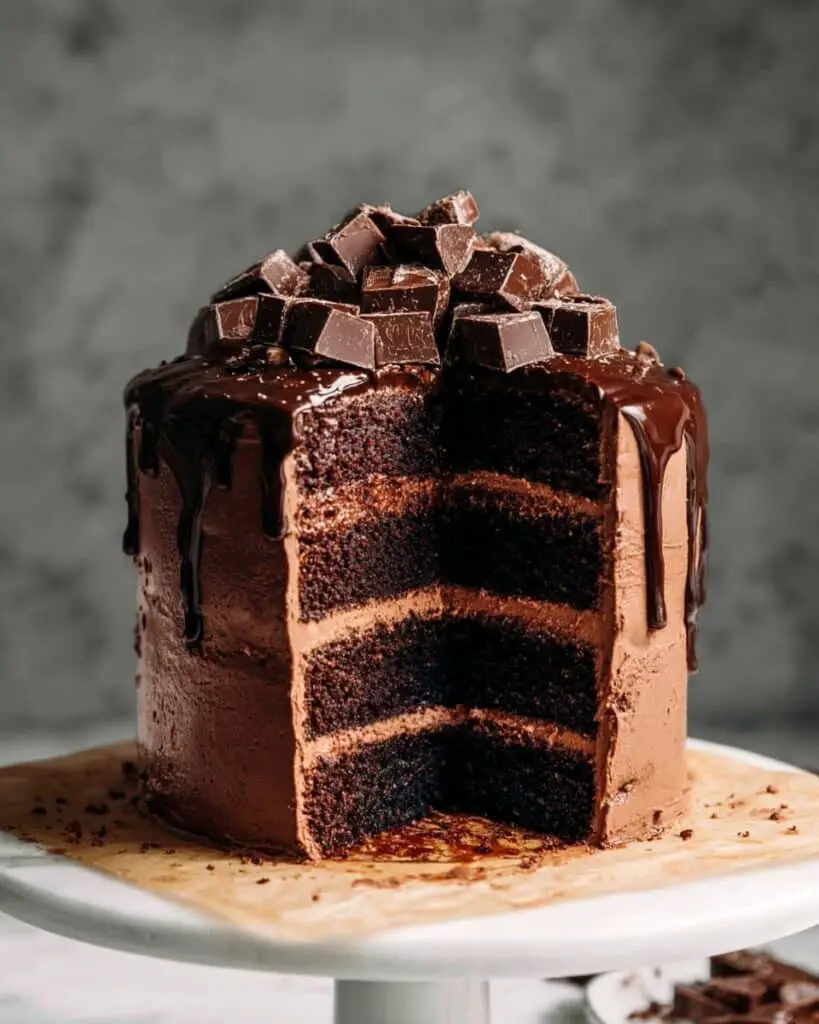 Fudgy Brownie Cake with Chocolate Frosting and Ganache Recipe