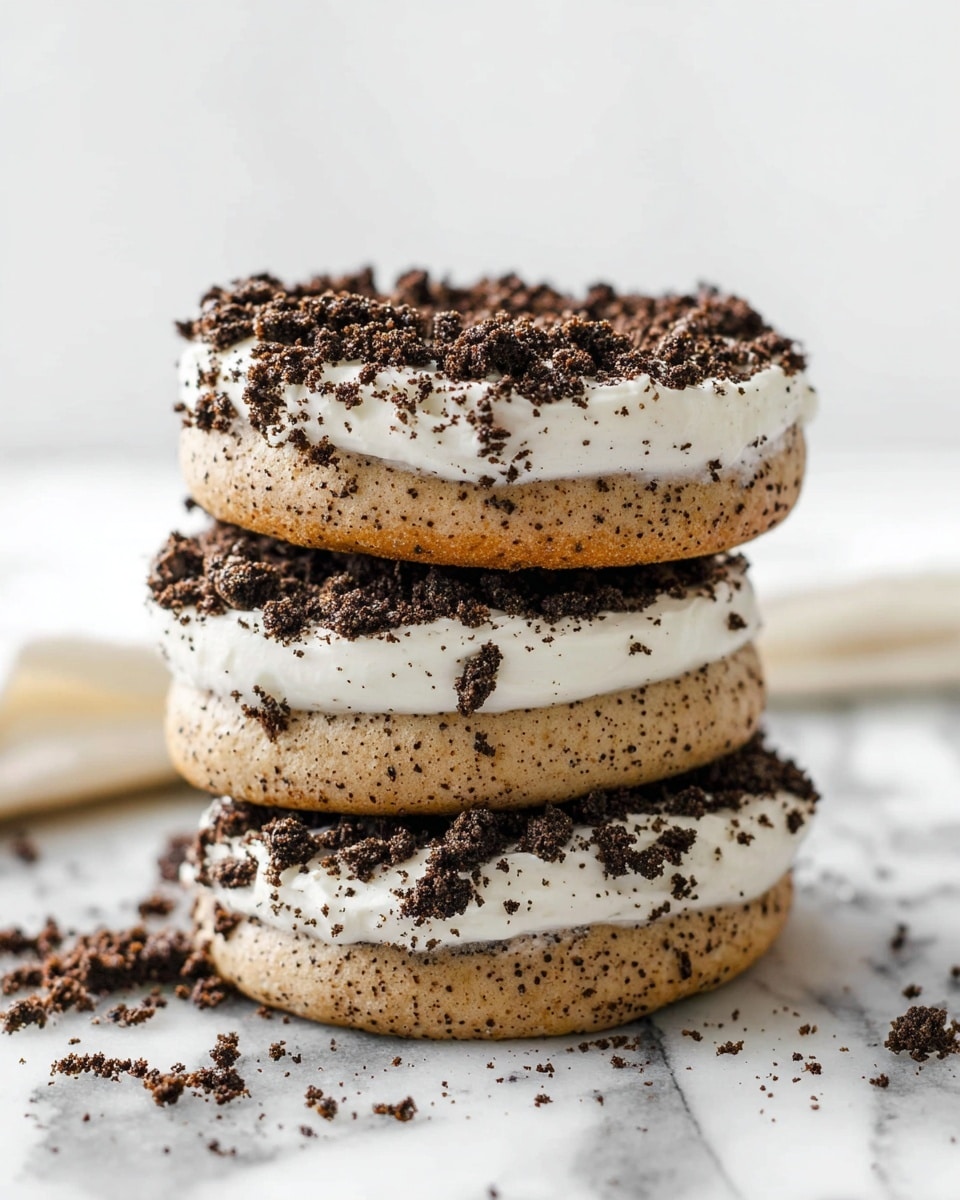 A stack of three round cookies is shown, each cookie having a light brown base with small dark specks. On top of each cookie is a thick layer of white frosting that looks smooth and creamy. Dark brown cookie crumbs are sprinkled generously on the surface of the frosting on each cookie. The cookies are stacked vertically on a white marbled surface with some crumbs scattered around. The background is plain white, keeping the focus on the stacked cookies. photo taken with an iphone --ar 4:5 --v 7