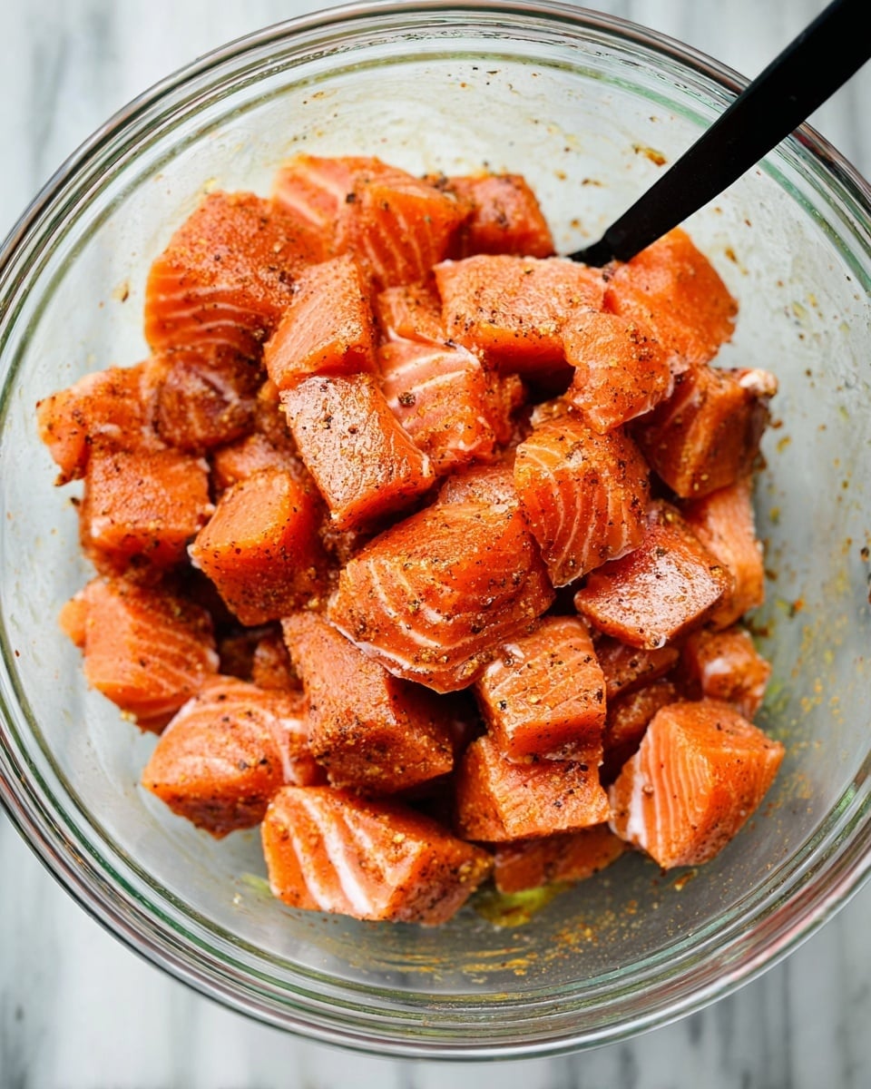 A clear glass bowl filled with many small salmon pieces that are orange-pink with visible white lines of fat. The salmon pieces are coated with a reddish spice mix that gives a speckled look, and they are piled on top of each other inside the bowl. A black spoon is partly visible on the right side inside the bowl, resting against the salmon. The bowl is set on a white marbled surface. photo taken with an iphone --ar 4:5 --v 7