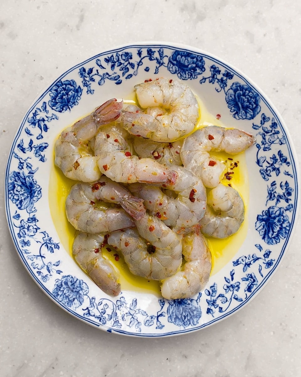 The image shows a white plate with blue floral designs filled with raw shrimp arranged loosely in a single layer. The shrimp have a pale gray and pink color with a slightly translucent texture, and they sit in a pool of golden yellow oil that lightly coats them. Small red chili flakes are sprinkled over the shrimp, adding tiny red specks that contrast with the pale shrimp. The plate is placed on a white marbled surface, providing a clean and bright background. Photo taken with an iphone --ar 4:5 --v 7