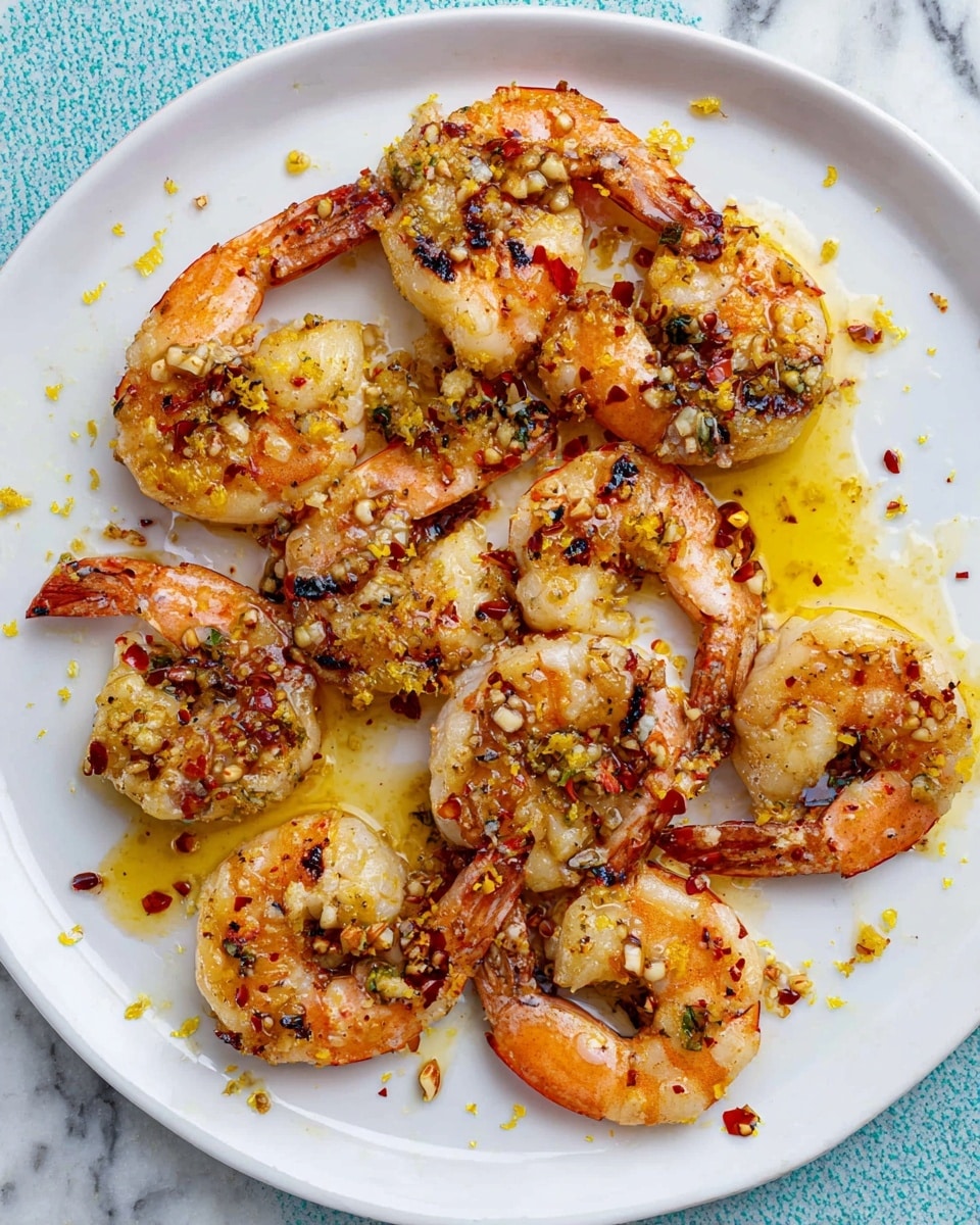 A white round plate on a white marbled surface holds about a dozen cooked shrimp scattered across it. The shrimp have a light orange-pink color with some charred grill marks. They are topped with a chunky garlic and lemon zest mixture, along with red chili flakes sprinkled lightly over the dish. A silver fork rests on the left side of the plate next to two halved lemons in the background on the left. A partially visible glass with a light yellow liquid is on the right side. Photo taken with an iphone --ar 4:5 --v 7