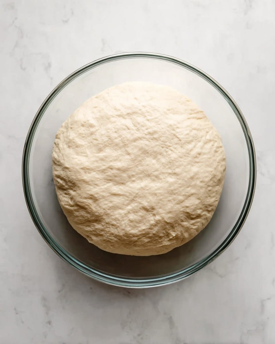 A single layer of dough with a smooth, pale beige surface fills a clear glass bowl. The dough looks soft and slightly puffy, resting evenly within the bowl. The bowl is placed on a white marbled texture surface, adding a clean and bright background. The photo taken with an iphone --ar 4:5 --v 7
