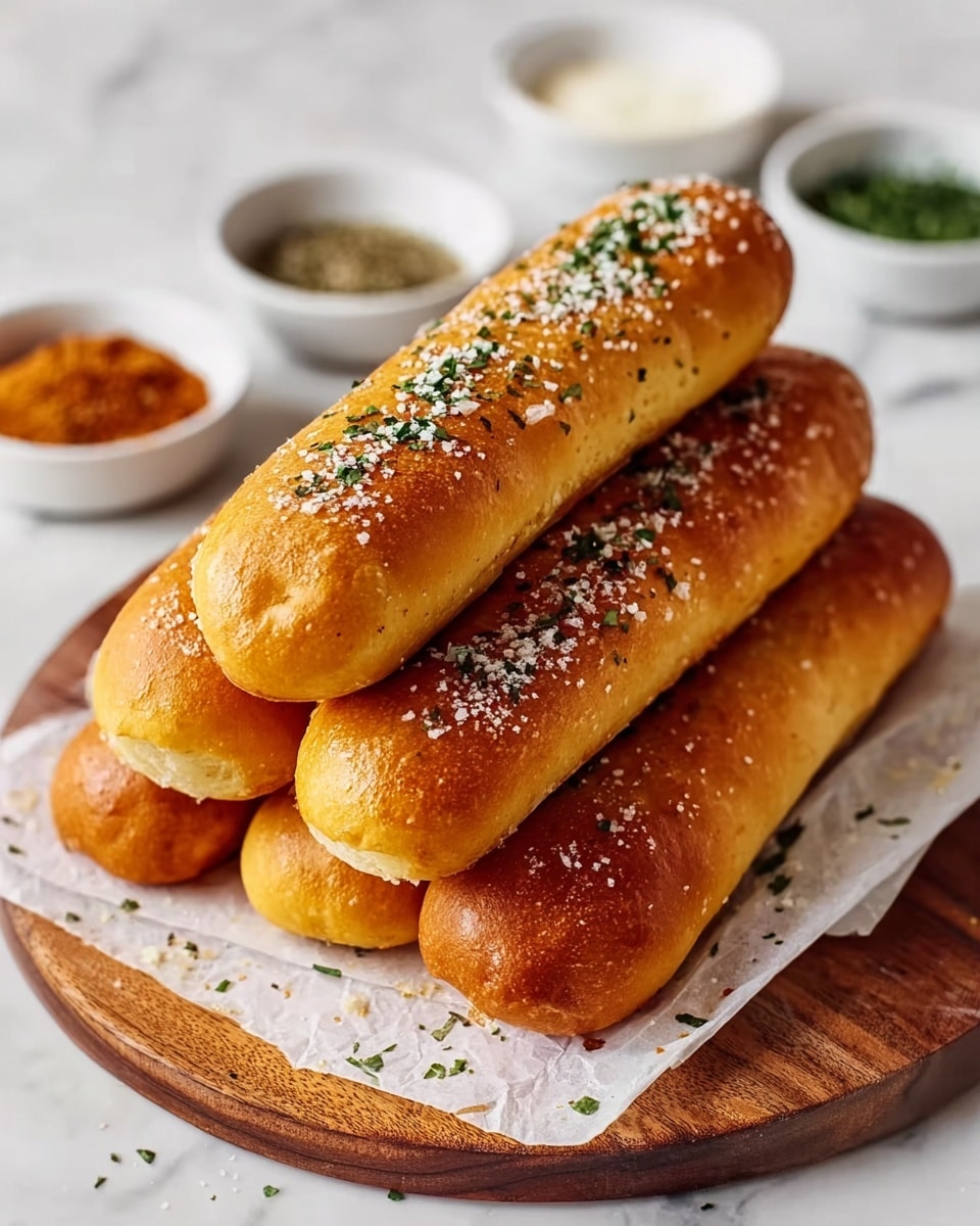 The image shows a stack of five golden-brown breadsticks arranged in a pyramid shape on white parchment paper. The top breadstick is sprinkled with coarse salt and chopped green herbs. The breadsticks have a smooth, shiny, and slightly textured surface with a warm, toasted color. They sit on a round wooden board, placed on a white marbled surface. In the background, there are small white bowls filled with herbs and spices, slightly out of focus. photo taken with an iphone --ar 4:5 --v 7