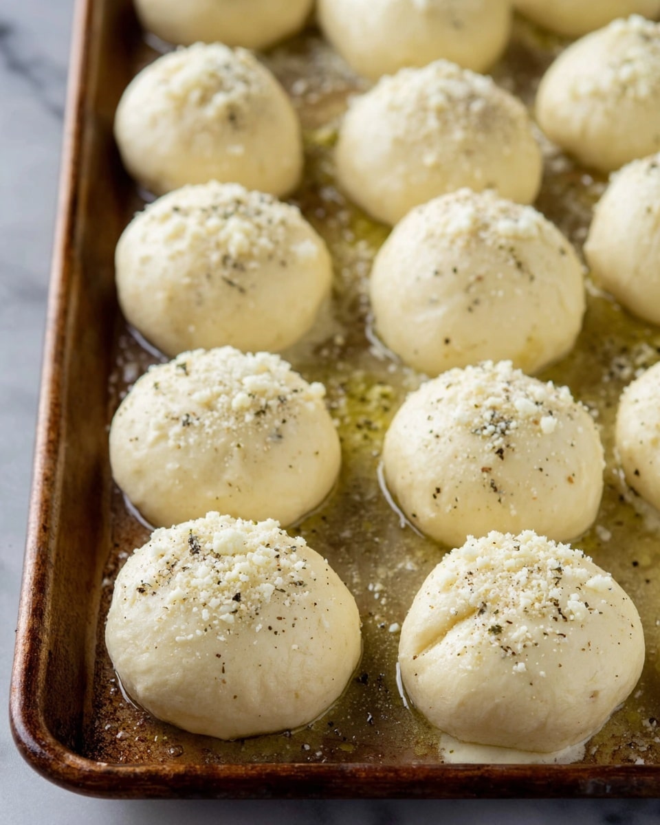 The image shows a baking tray filled with evenly spaced, smooth dough balls that are round with a slightly bumpy texture. Each dough ball is pale cream in color and topped with a sprinkling of light, crumbly cheese and small black specks of seasoning. The dough looks soft and slightly moist with a gentle sheen on the surface. The metal baking tray underneath has a rustic, worn look with a bit of oil pooled around the base of each dough ball. The entire scene is set against a white marbled surface. photo taken with an iphone --ar 4:5 --v 7