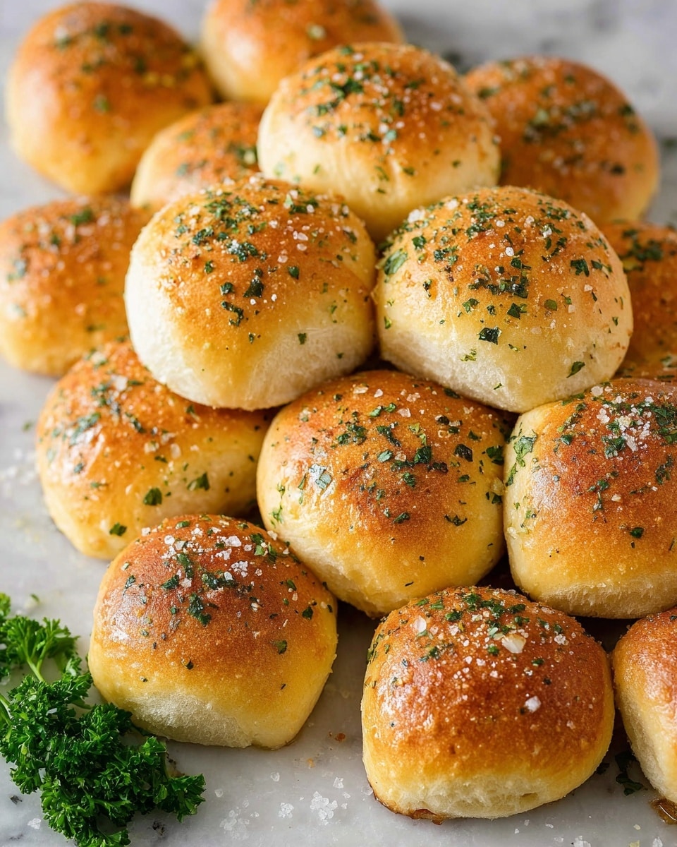 A pile of small, round bread rolls with a golden-brown top layer sprinkled with green herbs and coarse salt, placed closely together on a white marbled surface. Each roll has a smooth, slightly shiny crust with some darker toasted spots, showing a soft, fluffy texture underneath. The herbs and salt are unevenly spread, adding a fresh and rustic look to the top layer. Near the bottom left corner, there is a small bunch of fresh green parsley. Photo taken with an iphone --ar 4:5 --v 7