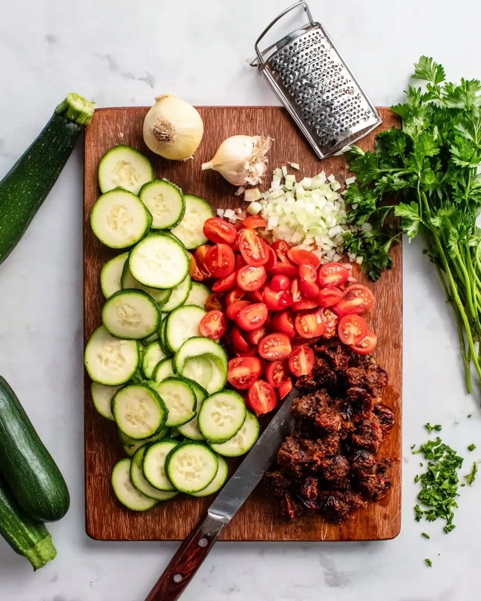 A wooden board sits on a white marbled surface, filled with layers of fresh ingredients. The first layer, on the left side, shows sliced green zucchini, arranged in overlapping circles. Next to the zucchini is a layer of bright red grape tomatoes, packed tightly together. On the right side of the board, there is a layer of cooked, dark brown, textured meat pieces. Around the board, several ingredients are placed: a metal grater with freshly grated white garlic on top, a small shallot above the grater, a few garlic cloves to the left, and a bunch of green parsley leaves at the top right. Below the board, there are finely chopped green herbs and two whole zucchinis on the white marbled background. A knife with a wooden handle rests at the bottom of the board. photo taken with an iphone --ar 4:5 --v 7