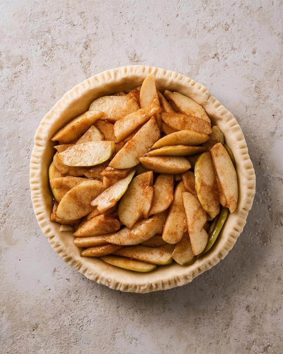 A round pie with a single layer of peeled, sliced apples coated in a light cinnamon and sugar spice mixture, arranged loosely and overlapping inside a white pie crust. The apples have a soft beige color with hints of brown from the spice, and the crust is thick, pale, and crimped around the edges. The pie is set on a white marbled surface, showing a rustic and simple appearance. Photo taken with an iphone --ar 4:5 --v 7