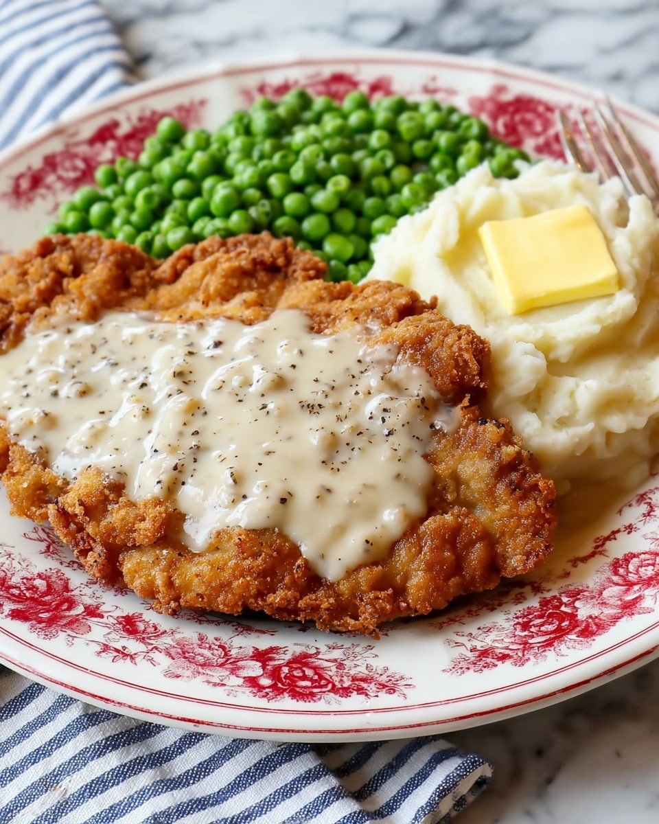 A white plate with red floral patterns holds a serving of three food layers: a large, crispy, golden-brown fried piece coated with white creamy gravy sprinkled with black pepper on top, a bright mound of soft mashed potatoes with a square of light yellow butter melting on it, and a pile of fresh green peas positioned behind the main items. The plate rests on a white marbled surface with a blue and white striped cloth nearby. photo taken with an iphone --ar 4:5 --v 7