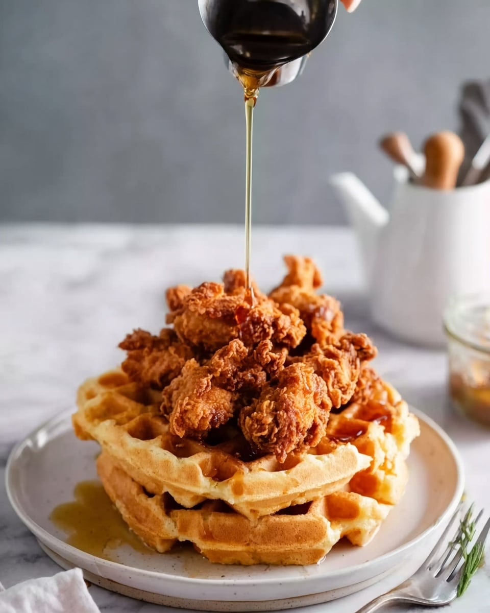 A stack of two golden brown waffles sits on a white plate placed on a white marbled surface. On top of the waffles, there is a pile of crispy fried chicken pieces with a crunchy texture in a rich brown color. A woman's hand is seen pouring a stream of syrup from a metal container, drizzling it over the chicken and waffles. In the background, there's a blurred white teapot with a wooden handle and some utensils. photo taken with an iphone --ar 4:5 --v 7