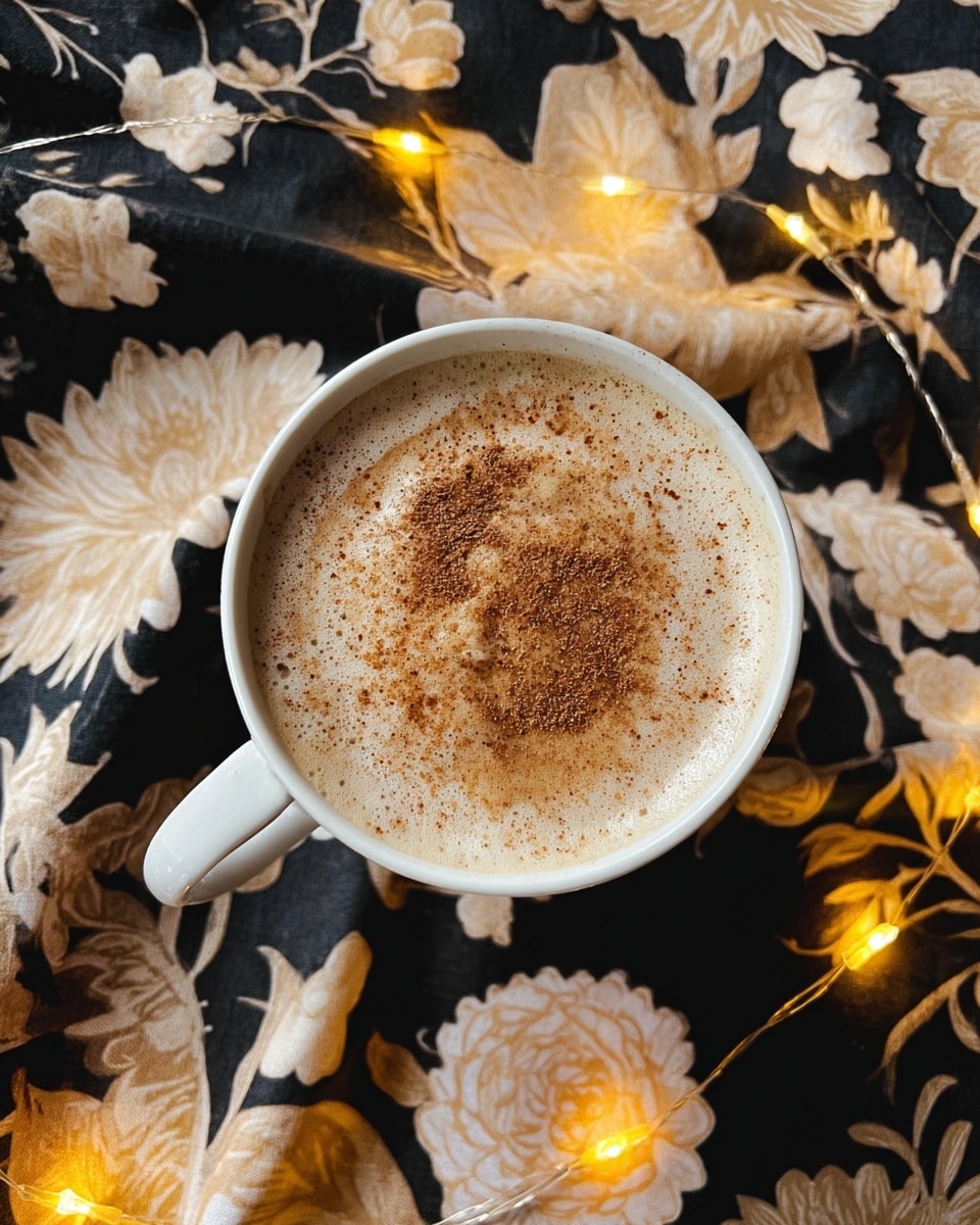 A white cup filled with a creamy coffee drink topped with light brown frothy foam that has small darker brown specks scattered around, held by a woman's hand at the handle, resting on a white marbled surface with large beige and light brown rose patterns and small warm yellow fairy lights around. photo taken with an iphone --ar 4:5 --v 7