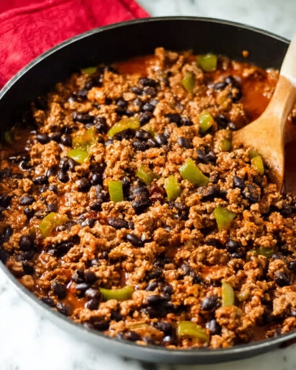 A black pan filled with cooked ground meat mixed with black beans and chopped green bell peppers. The mixture has a rich, reddish-brown sauce that coats the ingredients, giving it a slightly wet texture. In the pan, a wooden spoon is partially visible, resting on the mixture. The pan sits on a white marbled surface with a red cloth partially visible in the background. The photo taken with an iphone --ar 4:5 --v 7