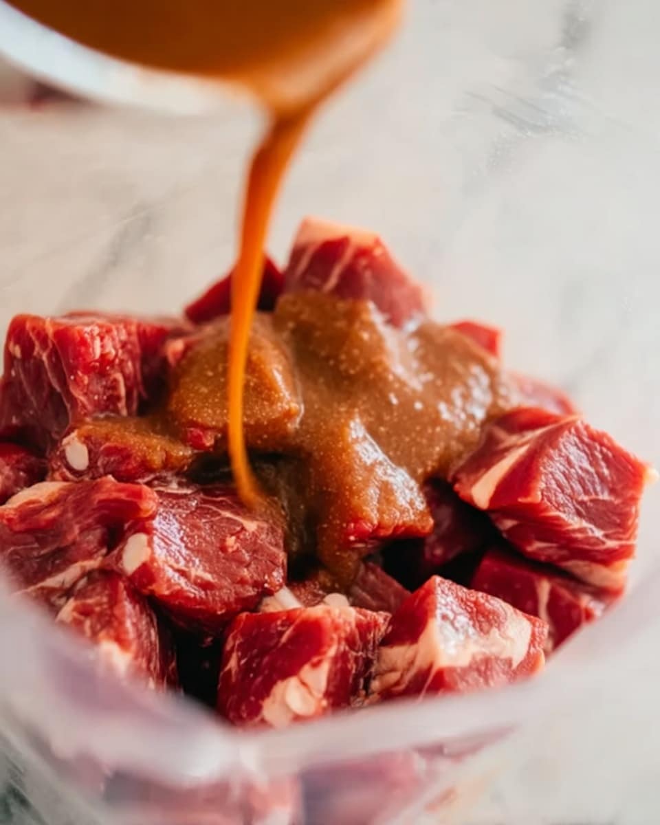 The image shows a close-up view of small red meat cubes inside a clear plastic bag, placed on a white marbled surface. A rich, brown sauce is being poured over the meat from above, covering some of the cubes. The meat has a fresh, raw look with visible white fat bits, and the sauce is smooth and thick. The scene is focused on the action of pouring, with the sauce stream slightly blurred, highlighting motion. photo taken with an iphone --ar 4:5 --v 7