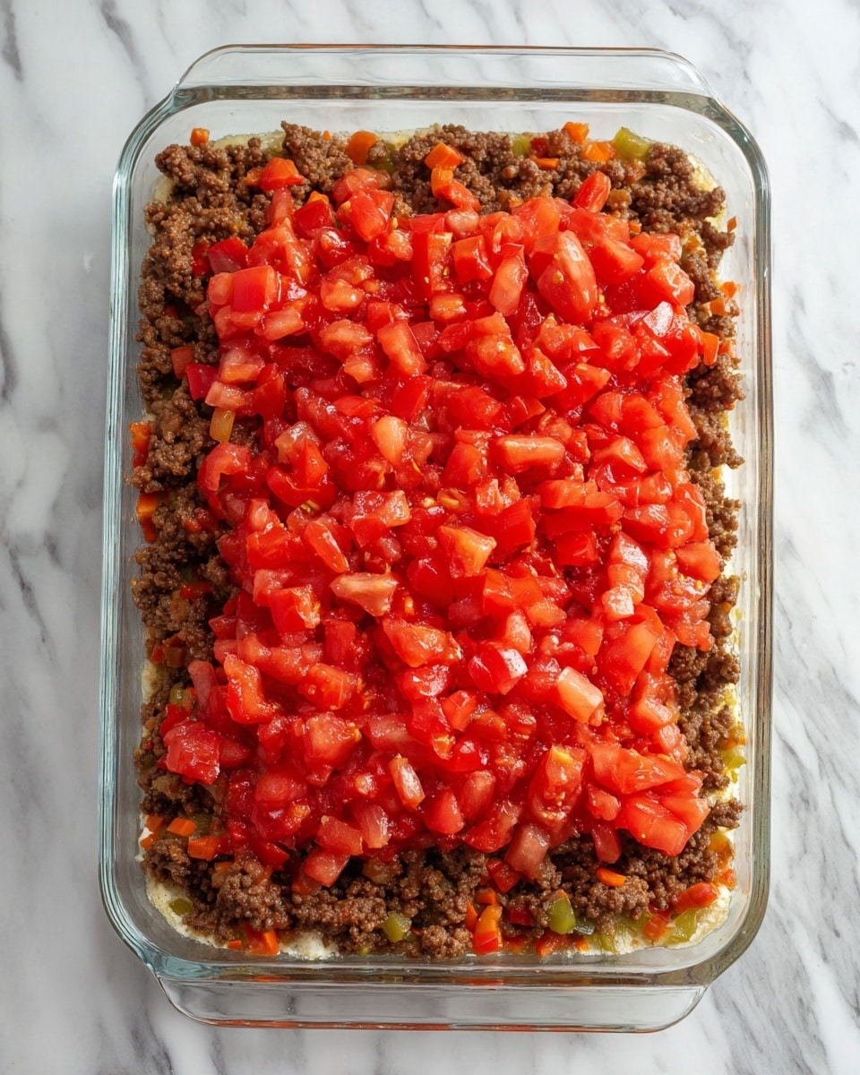 A clear rectangular glass dish on a white marbled surface holds two visible layers of food. The bottom layer is a mixture of cooked ground meat with small bits of diced orange and green vegetables, firm in texture and brown in color. On top is a layer of chopped, juicy red tomatoes spread evenly across the meat layer, adding a fresh bright contrast. The dish looks ready for the next step in cooking. photo taken with an iphone --ar 4:5 --v 7