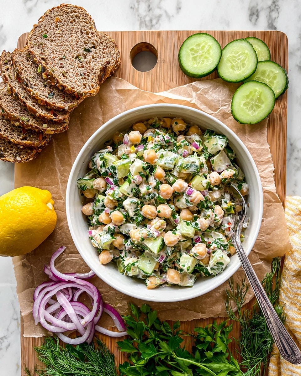 A white bowl filled with a mixed salad made of beige chickpeas, light green cucumber chunks, small green herbs, finely chopped red onion bits, and a creamy white dressing, all mixed evenly; a spoon with a shiny silver handle rests inside the bowl. The bowl is placed on a piece of brown parchment paper over a wooden cutting board with visible wood grain and a round hole near the top. Around the bowl, there are slices of multigrain bread with visible seeds, thinly sliced bright green cucumber rounds, thin rings of red onion in light purple shades, a bunch of fresh dark green parsley, sprigs of dill, and a halved lemon with a bright yellow rind and juicy pale yellow inside. The whole setting is on a white marbled surface. photo taken with an iphone --ar 4:5 --v 7