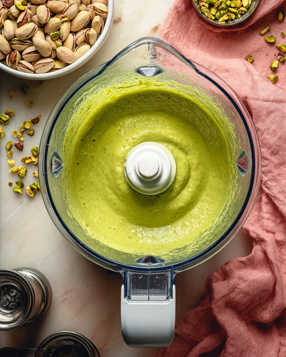 A clear blender bowl with a white handle holds a smooth, bright green mixture that fills most of the bowl, showing a creamy and slightly thick texture with a small swirl pattern near the center blade. Around the blender, a white marbled surface displays a round white bowl filled with whole pistachios at the top left, small scattered chopped pistachios on the right, and a couple of silver containers at the bottom left and right edges. A soft pink cloth is partially visible near the top right corner. The photo taken with an iphone --ar 4:5 --v 7