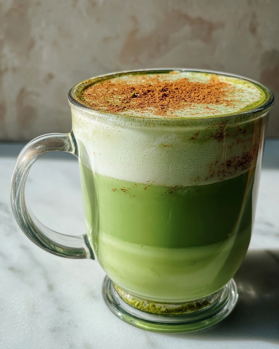 A clear glass mug filled with a two-layered green drink sits on a white marbled surface. The bottom layer is a thick, bright green liquid with a smooth texture. On top of that is a lighter green, creamy foam layer, dusted evenly with a sprinkling of brown powder. Soft natural light highlights the smooth textures and the clear glass handle of the mug. The background is a muted, slightly rough wall, adding contrast to the fresh colors. Photo taken with an iphone --ar 4:5 --v 7