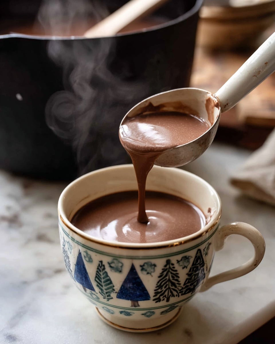 A white cup with blue and green leaf and tree patterns holds hot, smooth, dark brown hot chocolate being poured from a metal ladle with a white handle. Steam rises from the drink indicating warmth. In the background, there is a dark pot partially visible sitting on a white marbled surface. The scene captures a cozy and warm moment with the hot chocolate filling the cup slowly. photo taken with an iphone --ar 4:5 --v 7