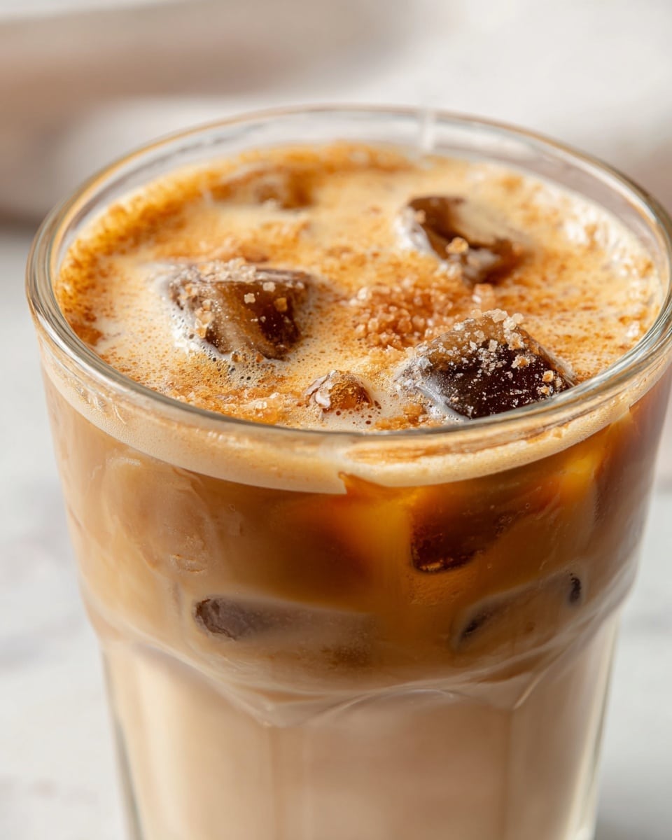 A close-up view of a glass filled with iced coffee shows three visible layers: a bottom layer of light creamy beige milk, a middle layer of medium brown coffee with some dark coffee ice cubes floating inside, and a top layer of light brown frothy foam with a sprinkle of light brown sugar crystals scattered unevenly across the foam’s surface, giving a textured look. The glass is clear, and it sits on a white marbled surface. Soft lighting highlights the creamy and icy textures of the drink, with a slight reflection on the glass rim. Photo taken with an iphone --ar 4:5 --v 7