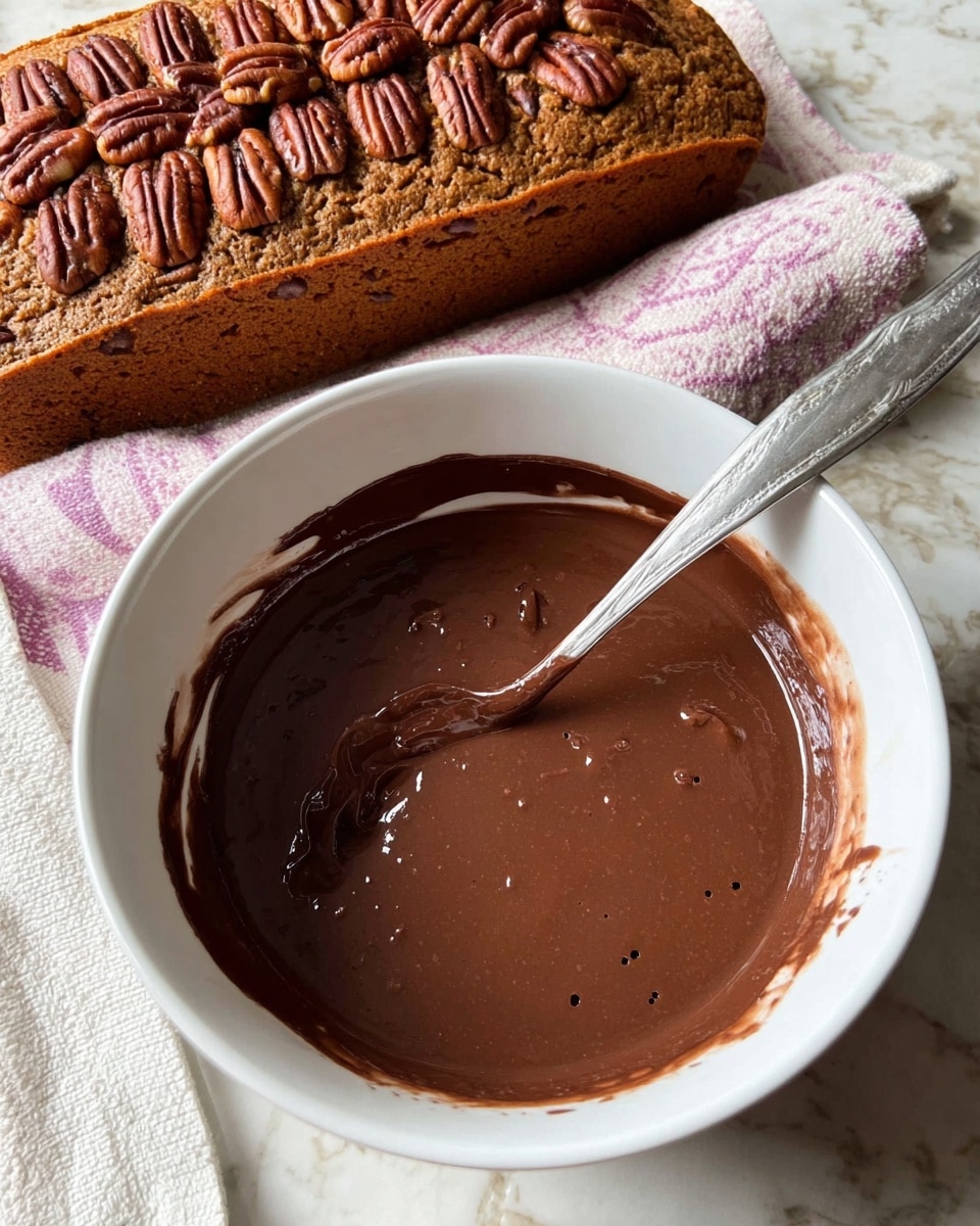 A white bowl holds a smooth, dark brown chocolate mixture with a shiny surface, and a silver spoon rests inside it on the right side. Behind the bowl, there is a loaf of brown cake topped with large pecans arranged in neat rows. A white and pink towel lies next to the cake. The scene is set on a white marbled surface. photo taken with an iphone --ar 4:5 --v 7