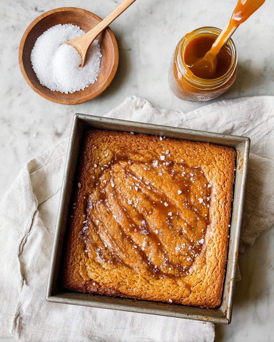 A square baked dessert in a metal pan with a golden-brown top layer showing a slightly cracked and textured surface, sprinkled with coarse salt flakes. The pan sits on a white cloth over a white marbled surface. Above the pan, to the left, is a small wooden bowl filled with white coarse salt and a wooden spoon resting inside. To the right, there is an open jar of caramel sauce with a spoon covered in caramel balanced on the jar's edge. photo taken with an iphone --ar 4:5 --v 7