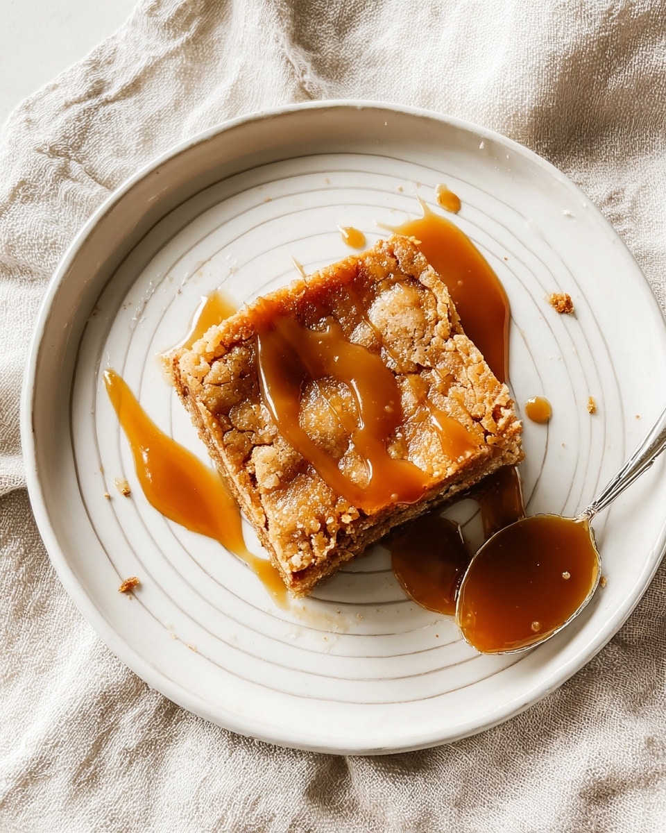 A square piece of golden brown dessert bar is placed at the center of a white plate with subtle textures and thin circular lines. The top of the bar has a slightly crumbly texture with some darker baked spots and is drizzled with shiny caramel sauce. There is a small spoon with a scoop of thick caramel sauce resting on the plate beside the bar, with some caramel spilling onto the white plate. The plate is set on a soft light beige fabric, and the overall setting is bright and clean. photo taken with an iphone --ar 4:5 --v 7