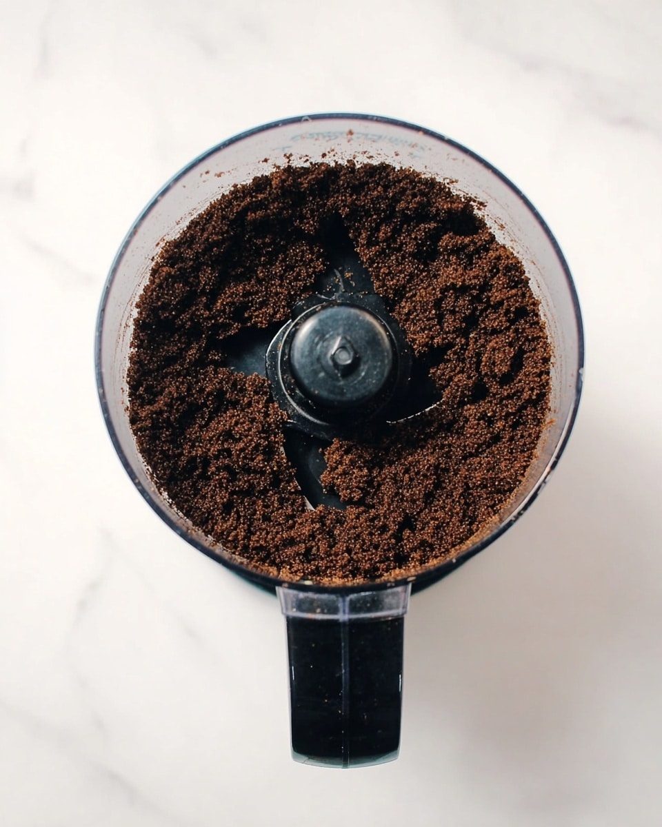 The image shows a food processor filled with finely ground dark brown mixture that looks crumbly. It is evenly spread inside the clear container with a central black blade piece visible. The food processor base is shiny black and placed on a white marbled surface. Photo taken with an iphone --ar 4:5 --v 7