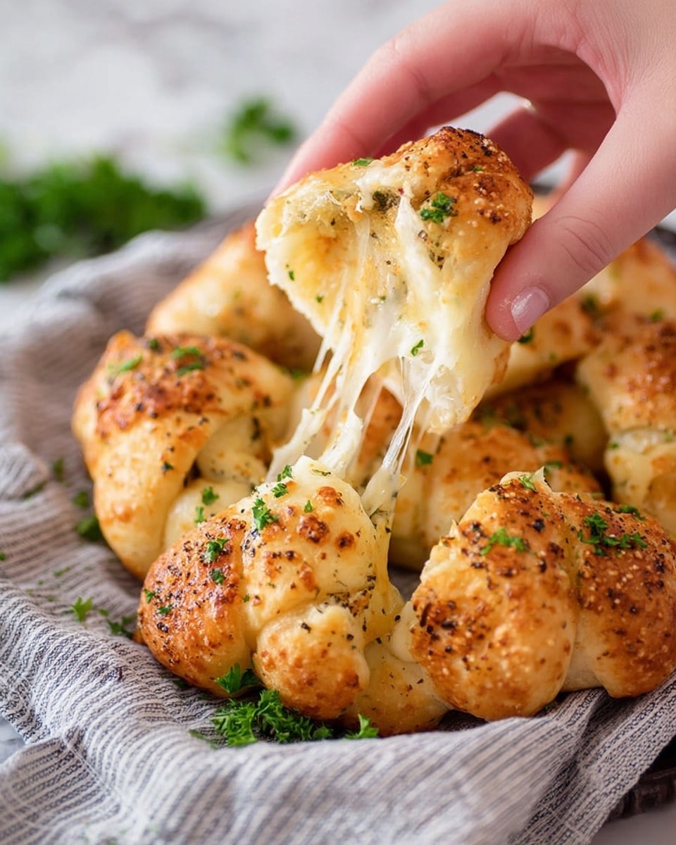 The image shows several golden brown, baked cheese-filled garlic knots with a soft, fluffy texture and sprinkled with chopped green herbs on top. One piece is being pulled apart by woman's hand showing melted white cheese stretching between the two halves. The knots rest on a striped cloth with some green herb garnish around the edges. The background is a white marbled texture. photo taken with an iphone --ar 4:5 --v 7