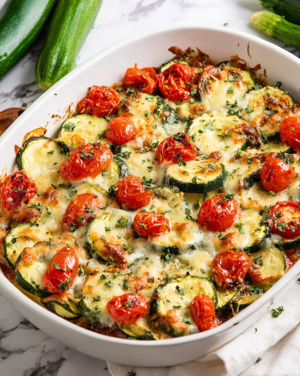The dish is a baked vegetable casserole in a white baking dish, layered with sliced green zucchini with a soft texture and round shape, scattered whole roasted red cherry tomatoes with a slightly wrinkled skin, and covered by melted golden brown cheese that looks creamy and bubbly. The casserole is garnished with chopped green herbs sprinkled on top, and some small dried herbs are visible on the cheese’s surface. The background is a white marbled surface with a white cloth and a green zucchini nearby, adding to the fresh kitchen feel. Photo taken with an iphone --ar 4:5 --v 7