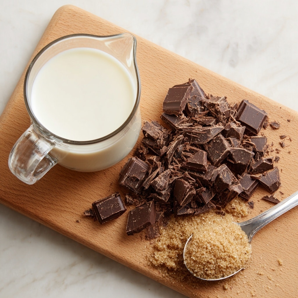 A clear glass measuring cup filled with white cream sits on the top left corner of a light brown cutting board, which is placed on a white marbled surface. To the right on the cutting board, there are dark brown chopped chocolate pieces forming a small pile with rough textures and uneven shapes. On the far right edge of the board, a silver spoon holds light brown sugar with a coarse texture. The background is clean and the focus is on the creamy and chunky ingredients arranged simply. Photo taken with an iphone --ar 4:5 --v 7