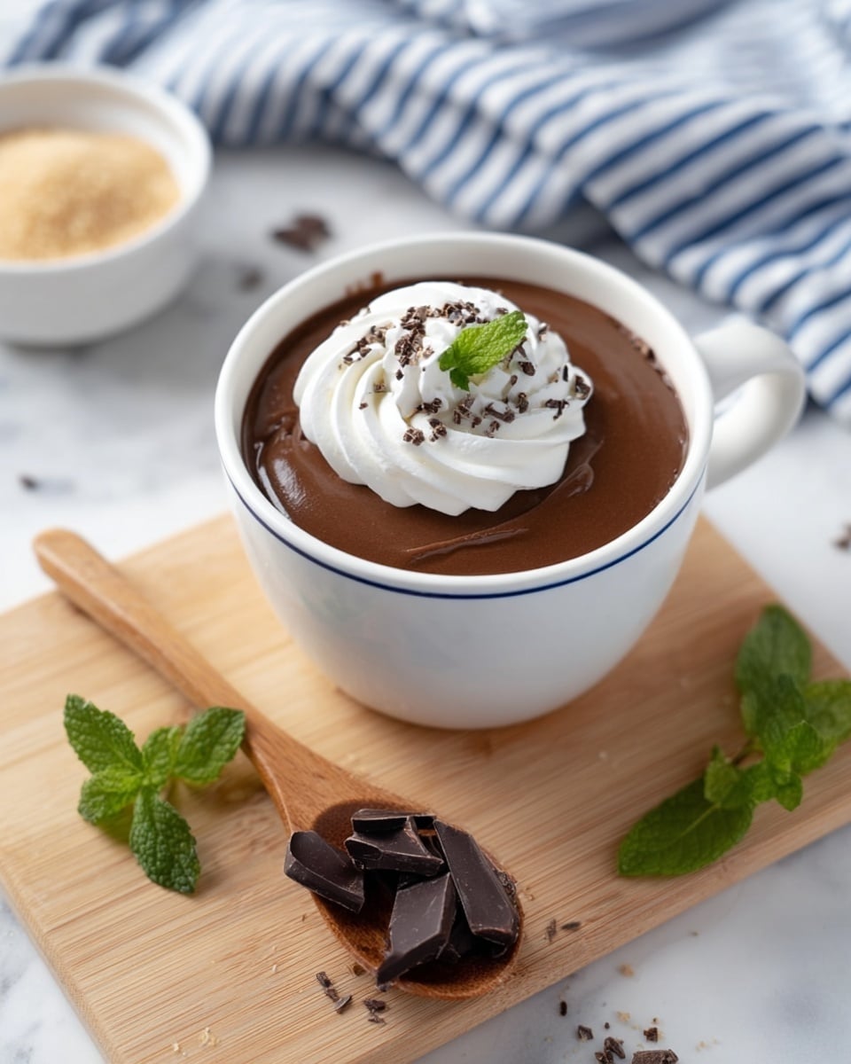 A white cup with a thin blue line near the top is filled with smooth, dark chocolate pudding, topped with a swirl of white whipped cream in the center. On the whipped cream, there are small dark brown chocolate sprinkles and a small green mint leaf. The cup sits on a light wooden board with a wooden spoon holding dark chocolate pieces in front. There are some loose chocolate pieces and fresh green mint leaves on the board around the cup. In the background, there is a white bowl with light brown sugar and a blue and white striped cloth on a white marbled surface. Photo taken with an iphone --ar 4:5 --v 7