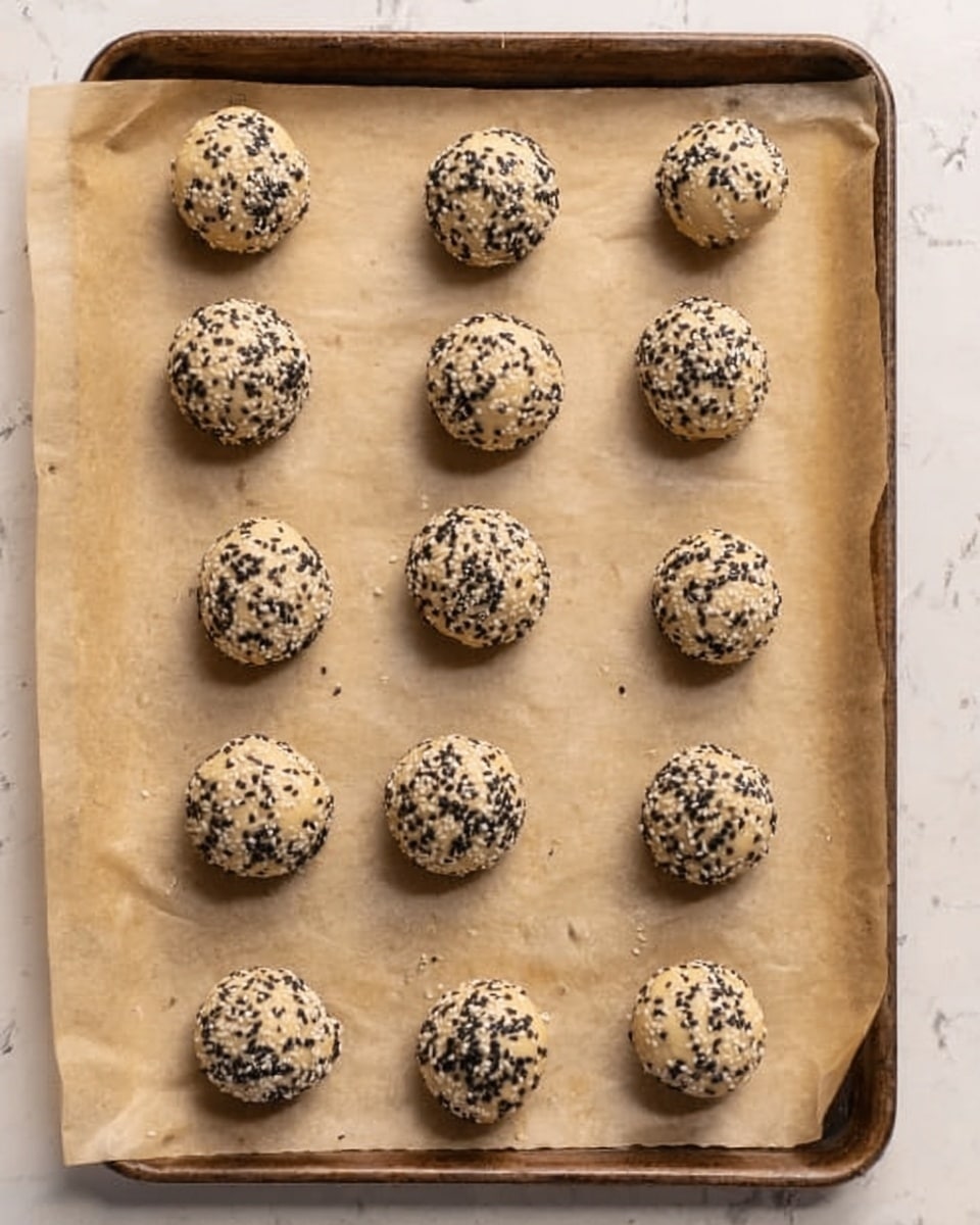 The image shows a baking tray lined with brown parchment paper on a white marbled surface. On the parchment paper, there are 15 round dough balls arranged loosely in four rows. Each dough ball is coated with black sesame seeds, giving a speckled black and beige look. The dough balls have a smooth texture and look ready for baking. The tray has a simple design, and no other items are present in the image. Photo taken with an iphone --ar 4:5 --v 7