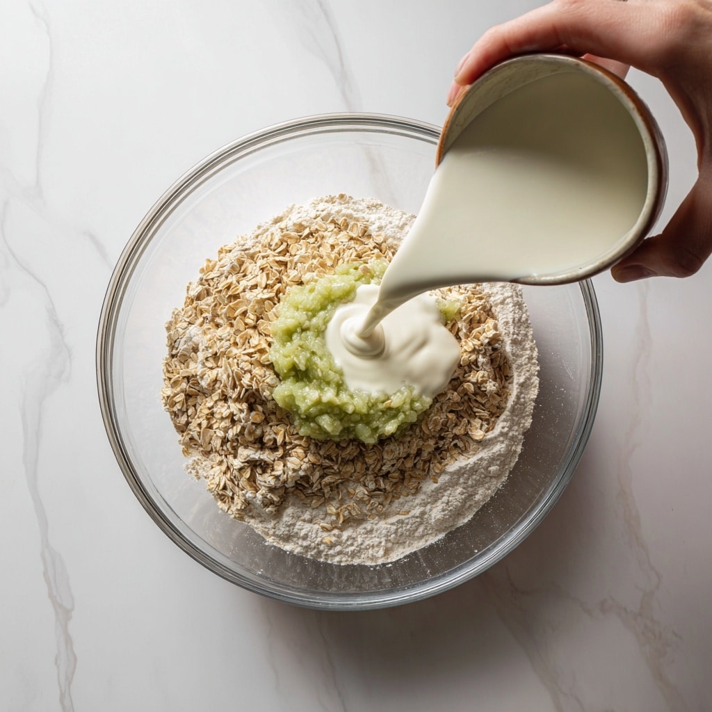A clear glass bowl sits on a white marbled surface, filled with dry oats that cover most of the bottom in a light brown and beige layer. On top of the oats, there is a thick, pale green layer of a mashed fruit or vegetable, placed slightly off-center. A stream of thick white liquid is being poured into the bowl, partially landing on the green layer and flowing toward the oats. A woman's hand is visible at the edge of the image, holding the bowl steady. photo taken with an iphone --ar 4:5 --v 7